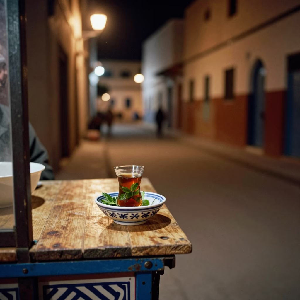 Late Night Street Scene in Essaouira Morocco with Ceramic Bowl and Tea Spoon in in Essaouira, Morocco
