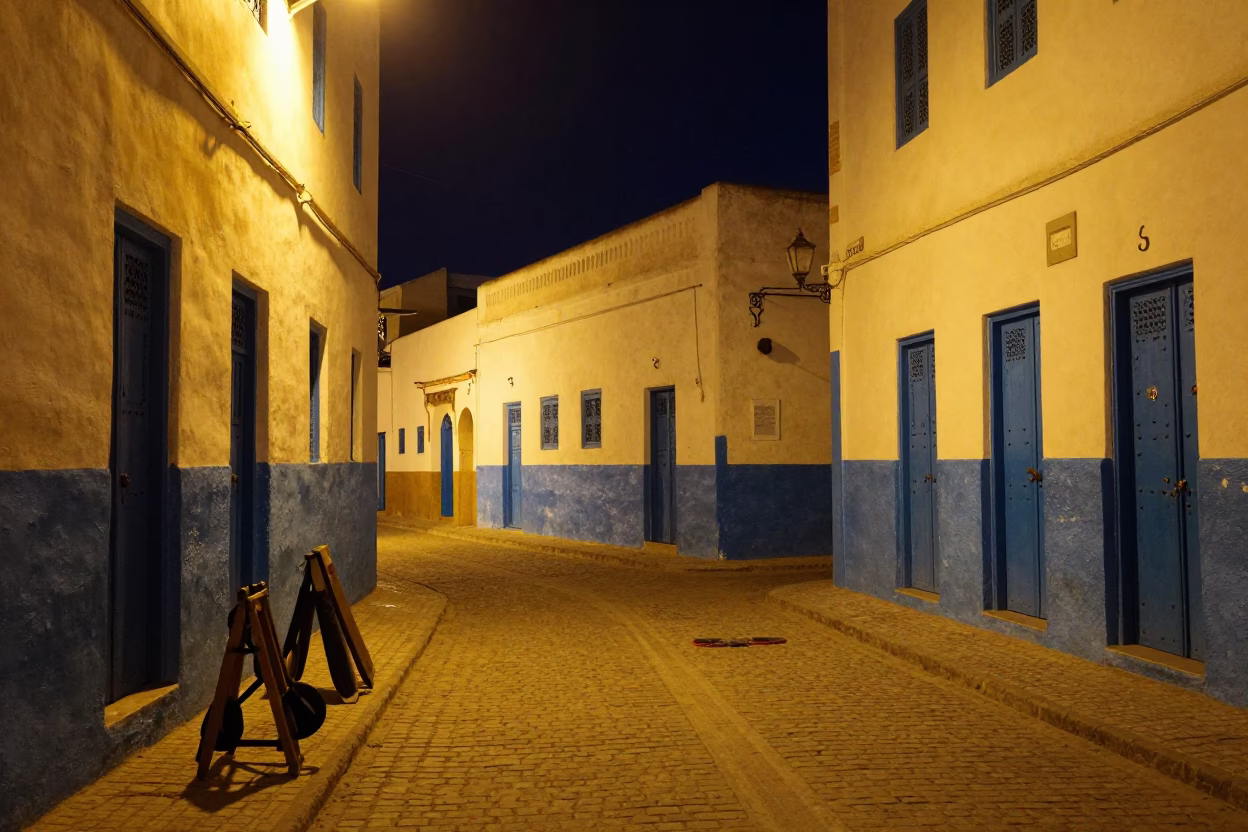 Late Night Street Scene in Essaouira Morocco With Hand Tools And Lamp Base in in Essaouira, Morocco