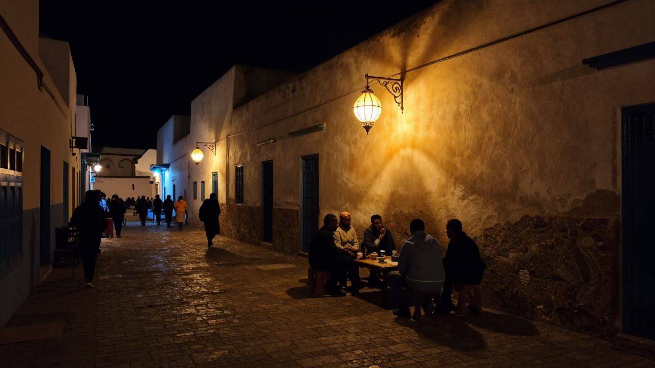 Late Night Street Scene in Essaouira Morocco with Lantern and Glass Tumblers in in Essaouira, Morocco