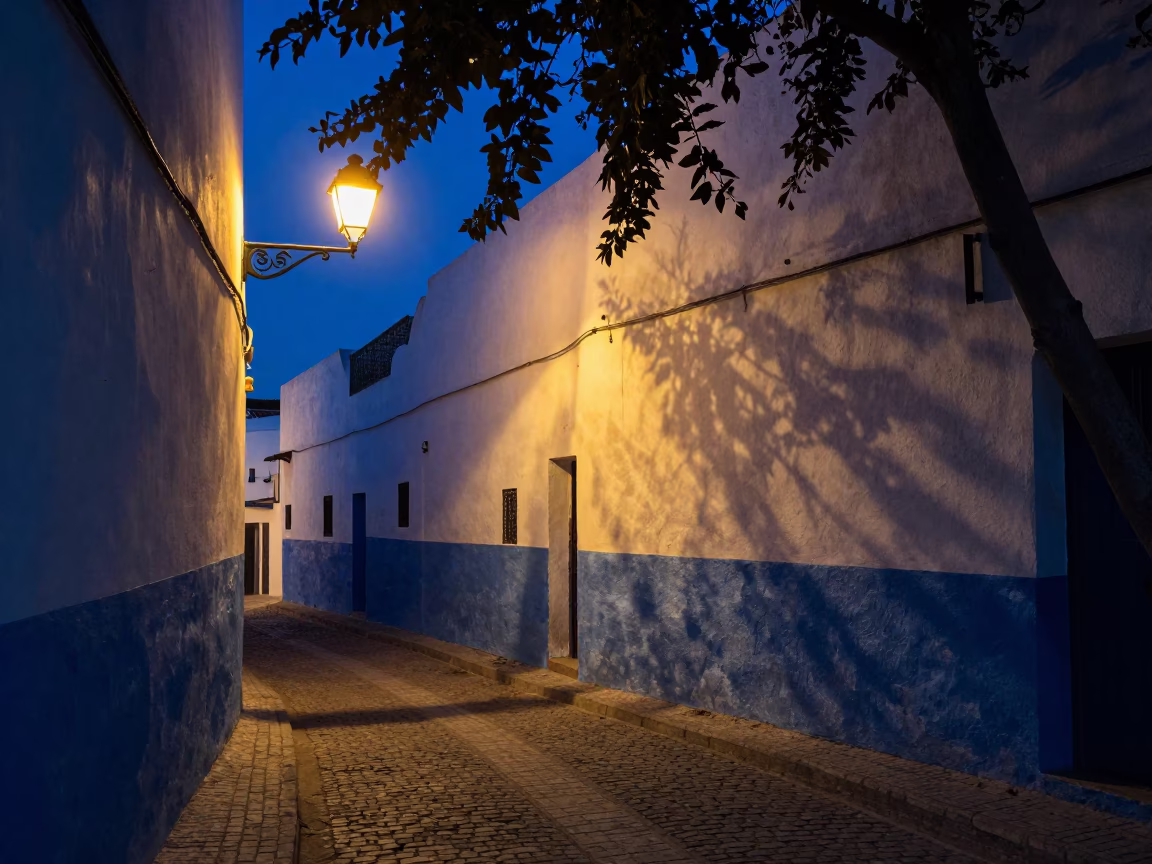 Late Night Street Scene in Essaouira Morocco with Leaf Shadows on Wall in in Essaouira, Morocco