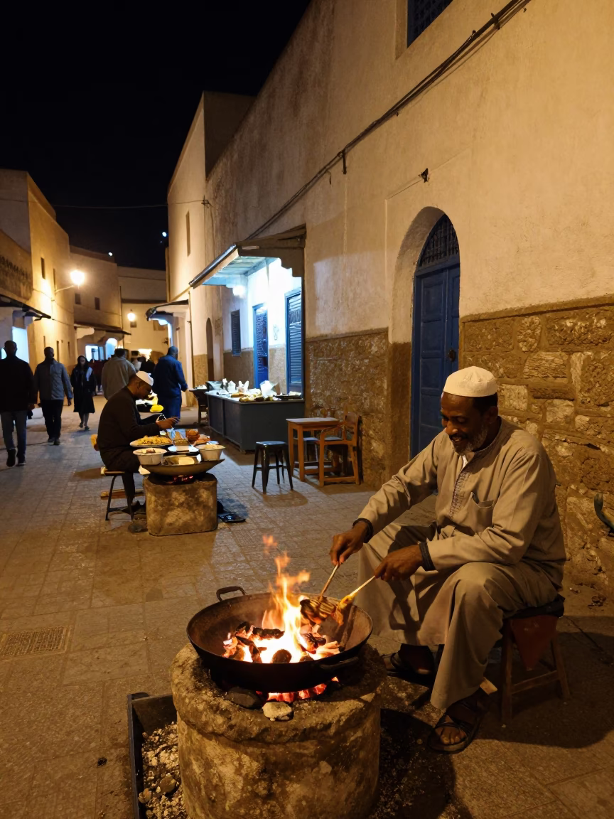 Late Night Street Scene in Essaouira Morocco with Local Food and Cat in in Essaouira, Morocco