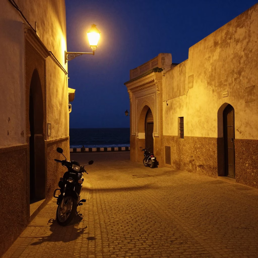 Late Night Street Scene in Essaouira Morocco with Motorcycle and Coastal Fog in in Essaouira, Morocco
