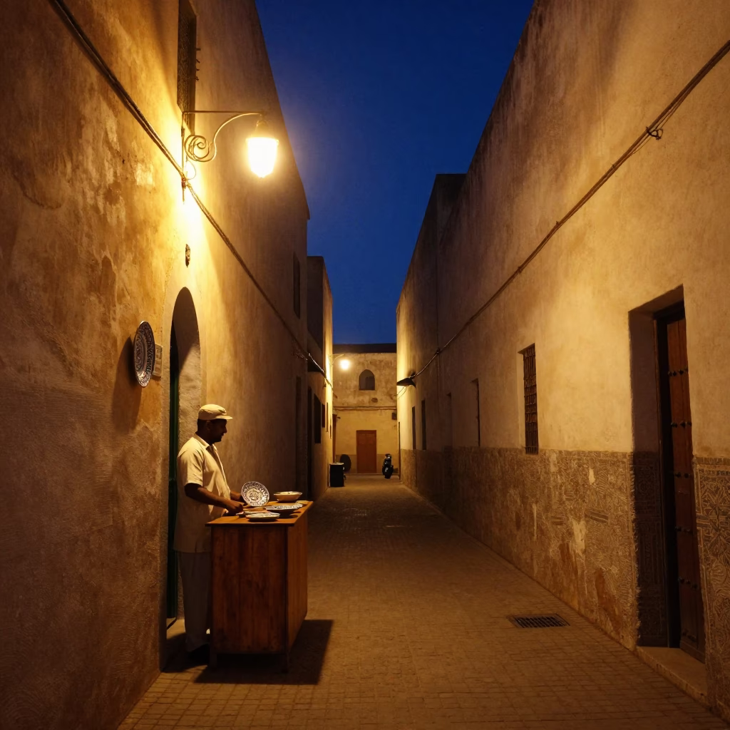 Late Night Street Scene in Essaouira Morocco with Vintage Majolica Plate and Local Interaction in in Essaouira, Morocco