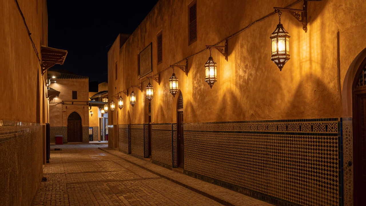 Late Night Street Scene in Fez Morocco with Traditional Lanterns and Stone Architecture in in Fez, Morocco