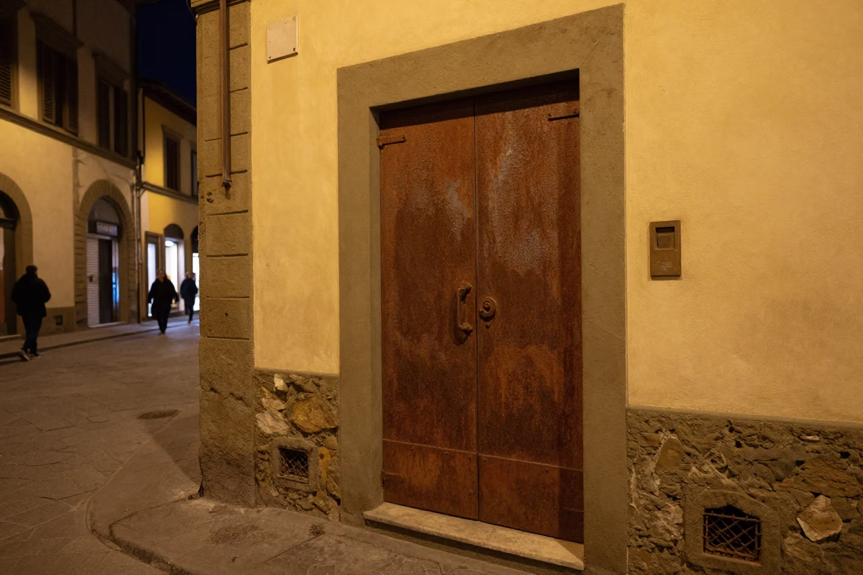 Late Night Street Scene in Florence Italy with Rusty Metal Door and Condensation in in Florence, Italy