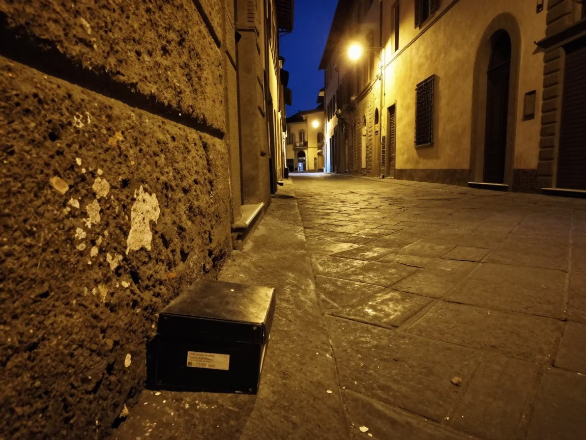 Late Night Street Scene in Florence Italy with Shoebox and Step Stools in in Florence, Italy