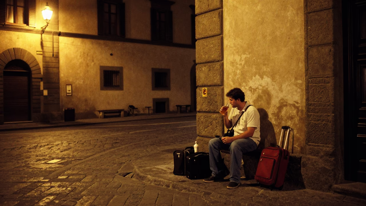Late Night Street Scene in Florence Italy with Suitcases and Drinking Vessel in in Florence, Italy