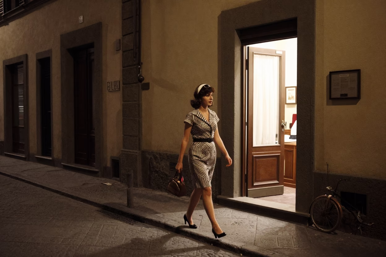 Late Night Street Scene in Florence Italy with Vintage 1960s High Fashion Aesthetic in in Florence, Italy
