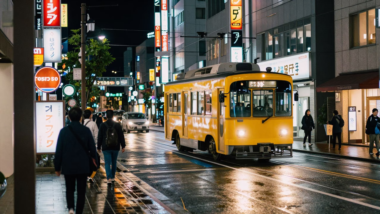 Late Night Street Scene in Fukuoka Japan with Neon Lights and Tram in in Fukuoka, Japan