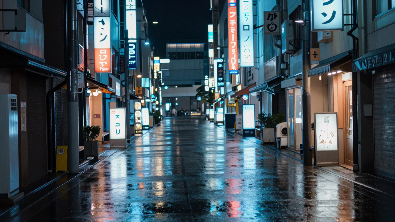 Late Night Street Scene in Fukuoka Japan with Neon Reflections and Quiet Alleyway Atmosphere in in Fukuoka, Japan