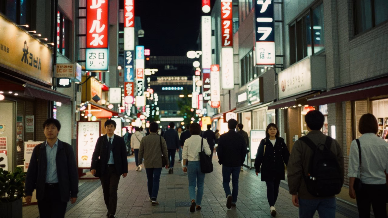 Late Night Street Scene in Fukuoka Japan with Neon Signs and Pedestrians in in Fukuoka, Japan