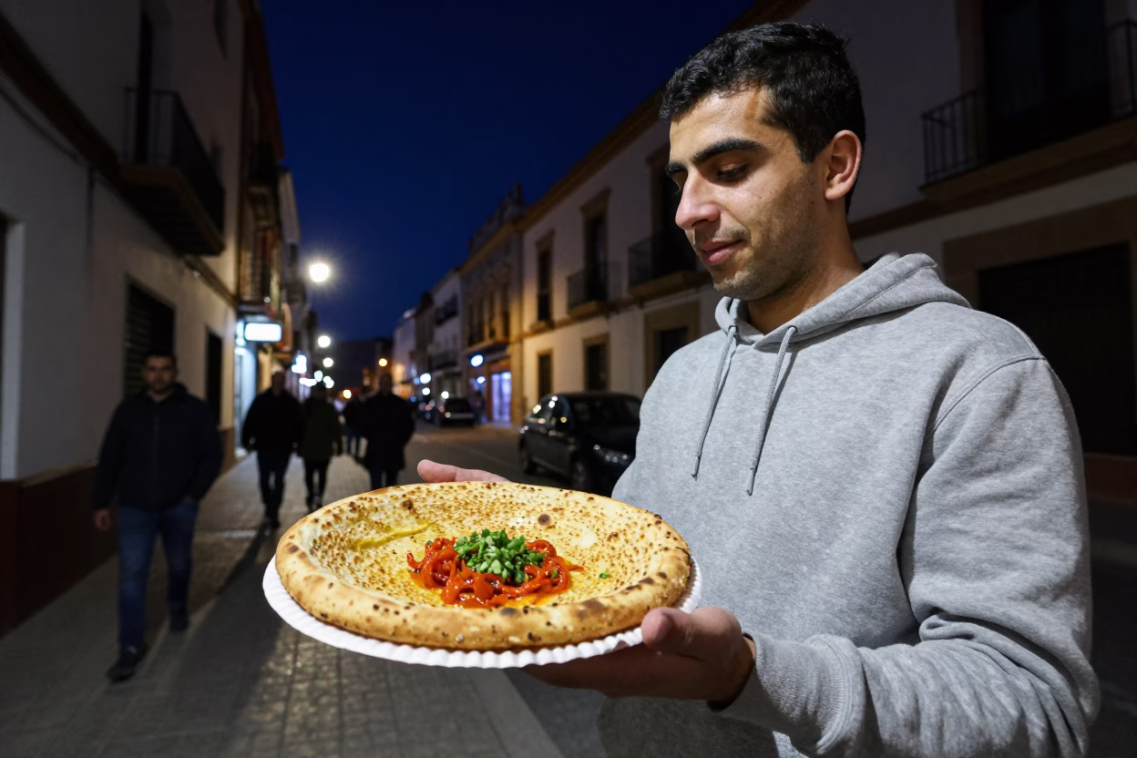 Late Night Street Scene in Granada Spain with Traditional Manakeesh Plate and Zaatar in in Granada, Spain