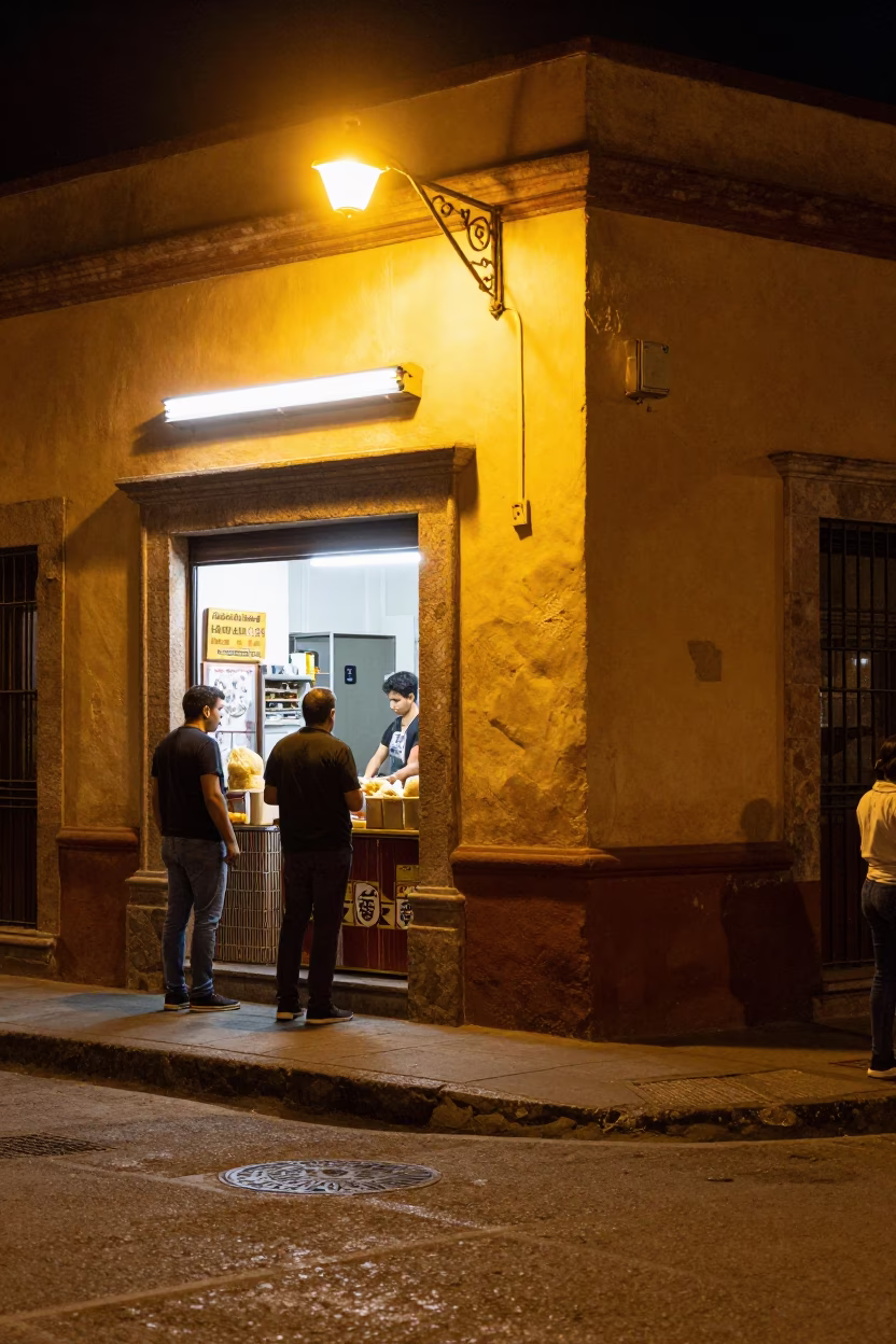 Late Night Street Scene in Guadalajara Mexico with Local Street Food Vendor in in Guadalajara, Mexico