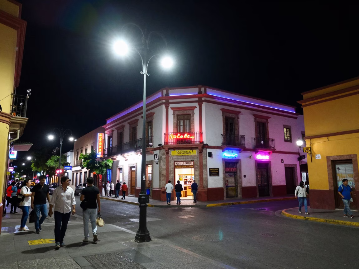 Late Night Street Scene in Guadalajara Mexico with Neon Lights and Urban Activity in in Guadalajara, Mexico