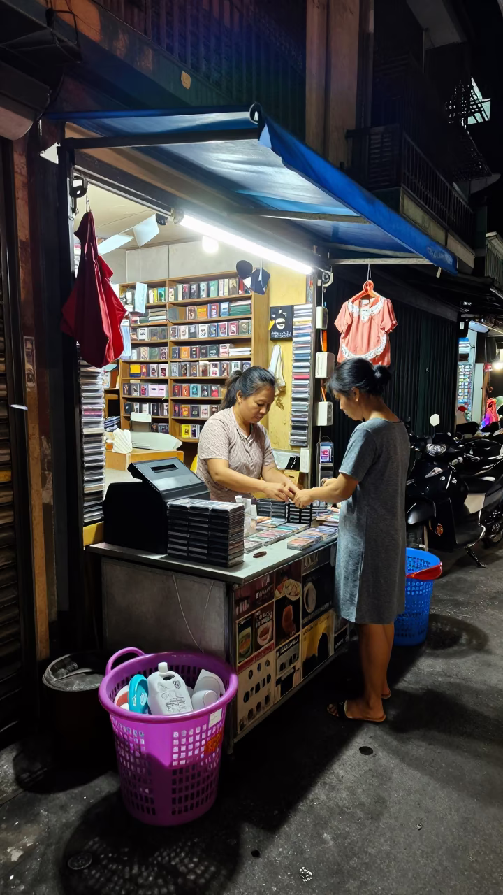 Late Night Street Scene in Hanoi Vietnam with Laundry Basket and Cassette Tapes in in Hanoi, Vietnam