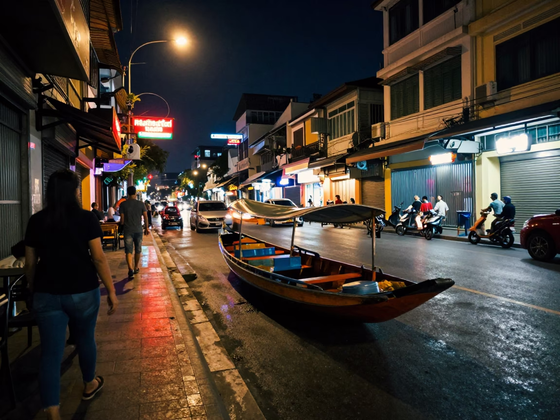 Late Night Street Scene in Ho Chi Minh City with Sampan and Lhasa Apso in in Ho Chi Minh City, Vietnam