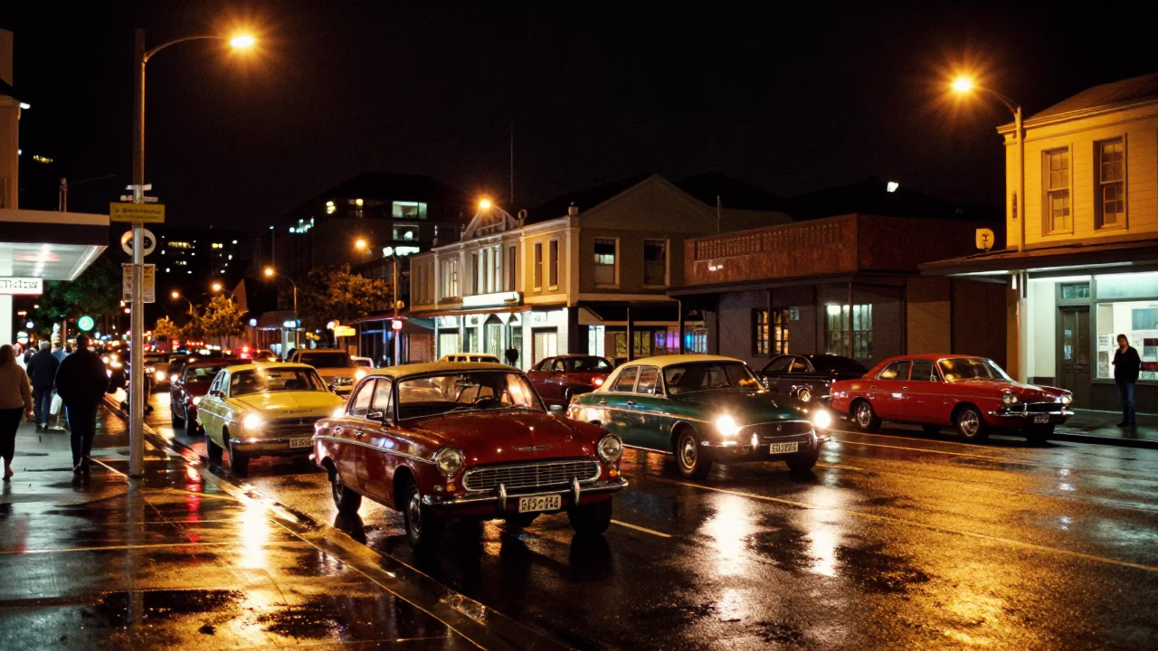 Late Night Street Scene in Hobart Tasmania Australia with Vintage Cars and Neon Signs in in Hobart, Tasmania, Australia