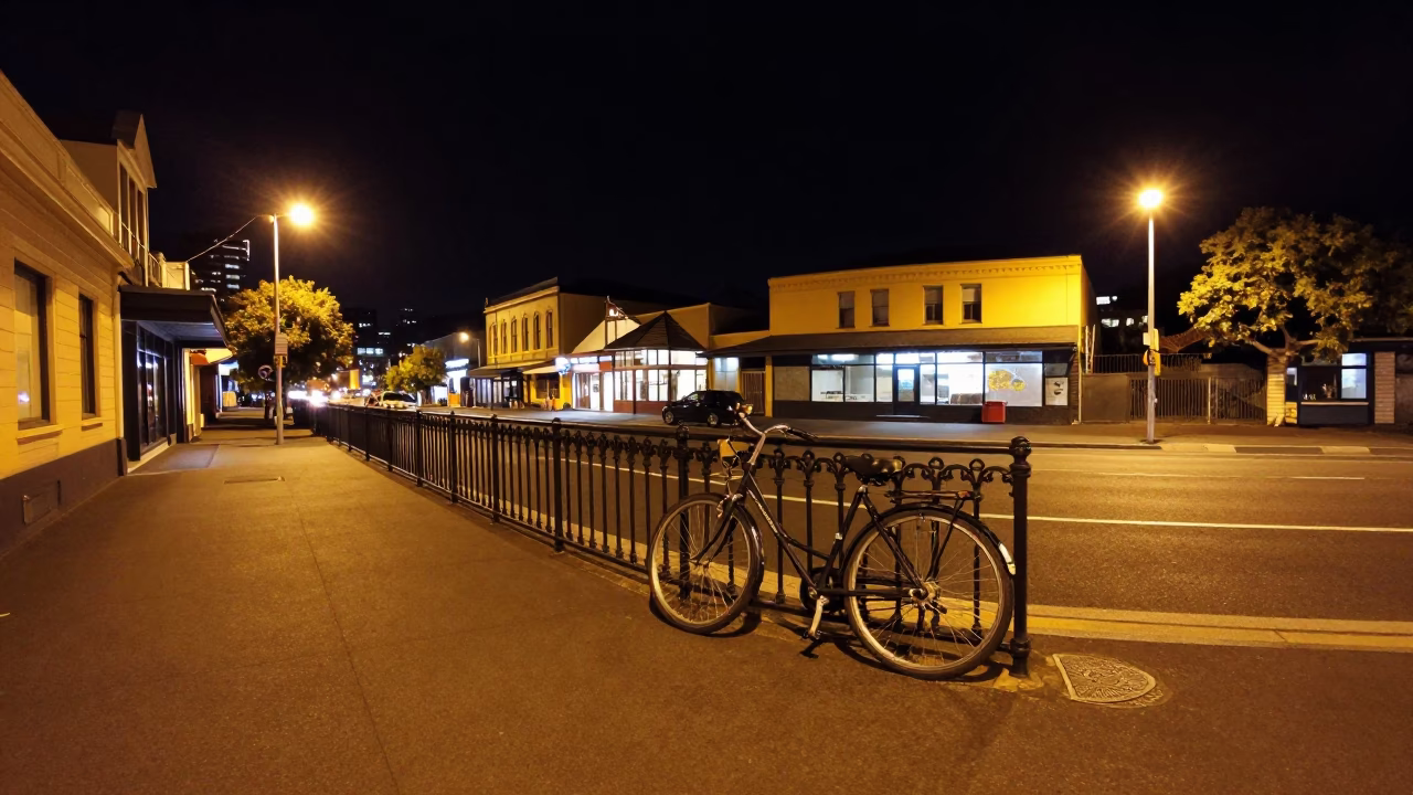 Late Night Street Scene in Hobart Tasmania with Bicycle and Urban Infrastructure in in Hobart, Tasmania, Australia