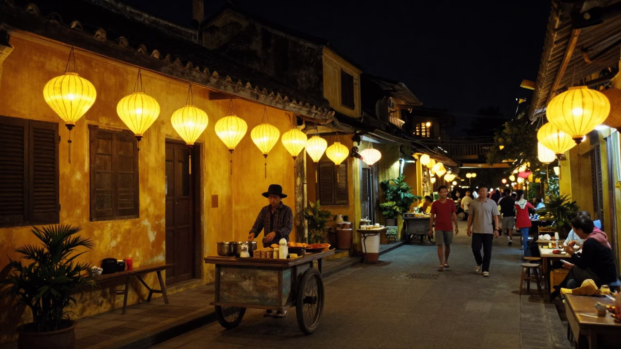 Late Night Street Scene in Hoi An Vietnam with Lanterns and Local Commerce in in Hoi An, Vietnam