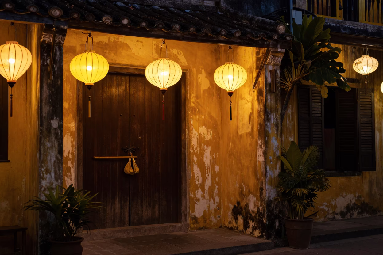 Late Night Street Scene in Hoi An Vietnam with Lanterns and Old Architecture in in Hoi An, Vietnam