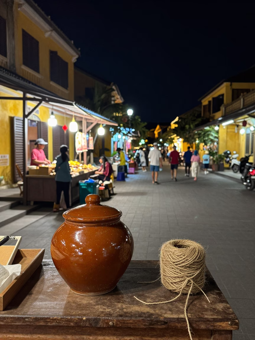Late Night Street Scene in Hoi An Vietnam with Spice Jar and Twine Fibers in in Hoi An, Vietnam