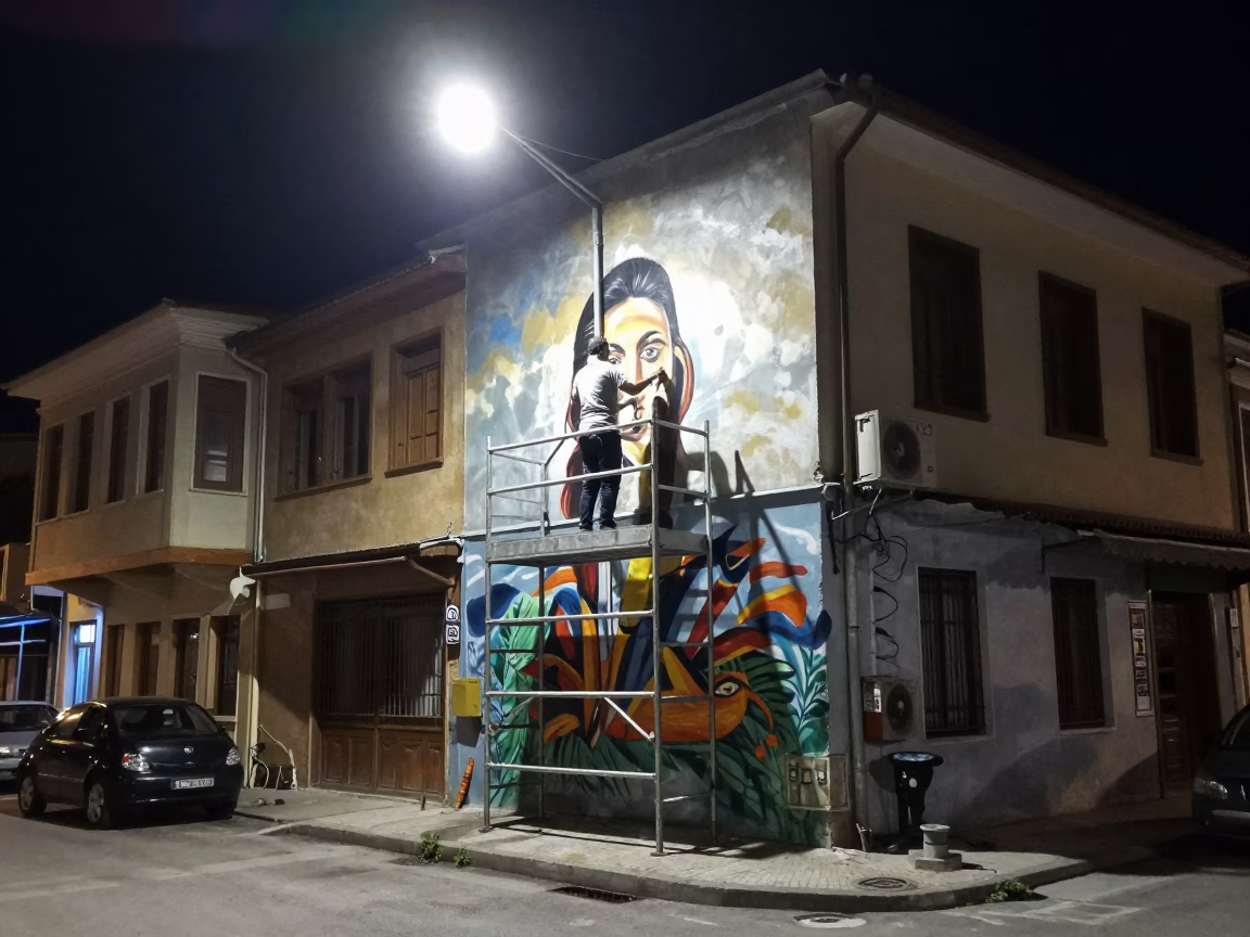 Late Night Street Scene in Izmir Turkey with Muralist and Scaffold in in Izmir, Turkey