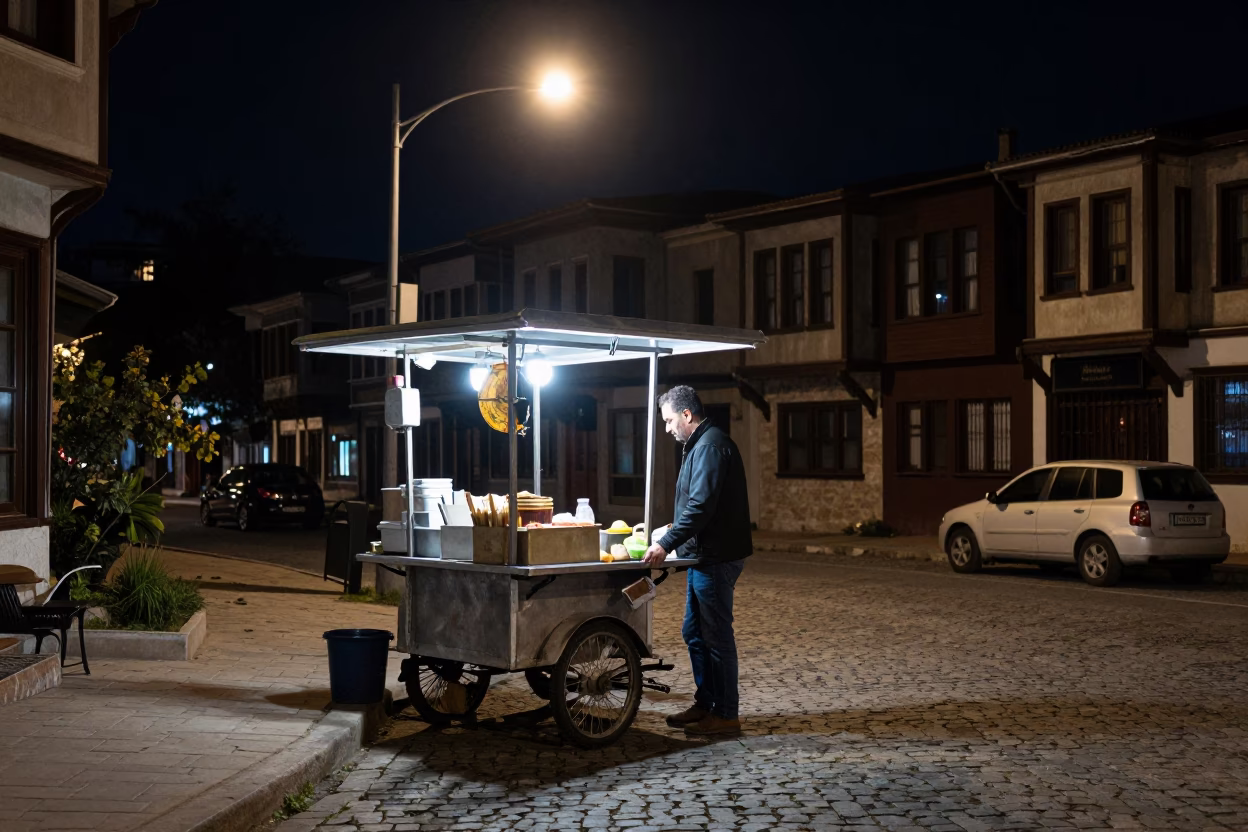 Late Night Street Scene in Izmir Turkey with Street Food Vendor and Local Diners in in Izmir, Turkey