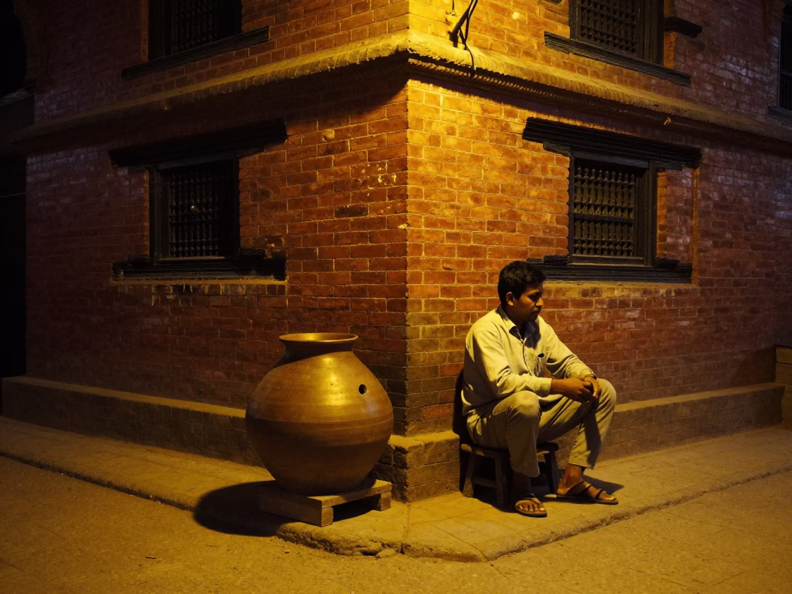 Late Night Street Scene in Kathmandu Nepal with Clay Pot and Woven Baskets in in Kathmandu, Nepal