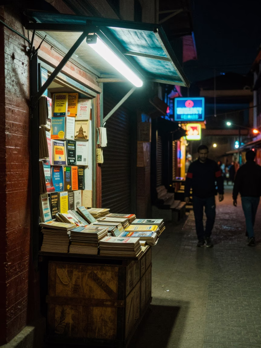 Late Night Street Scene in Kathmandu Nepal with Neon Lights and Local Shop Details in in Kathmandu, Nepal