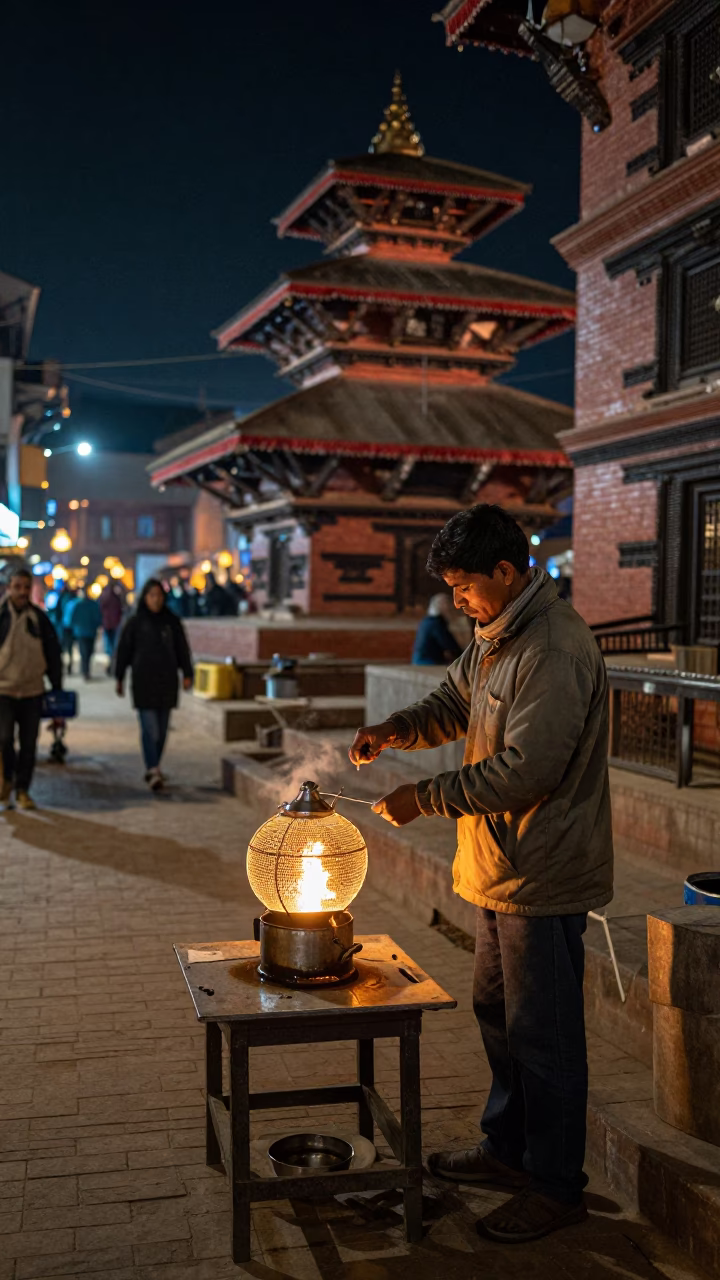 Late Night Street Scene in Kathmandu Nepal with Tea Strainer and Basket in in Kathmandu, Nepal