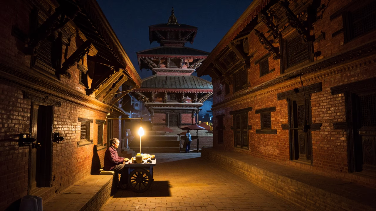 Late Night Street Scene in Kathmandu Nepal with Traditional Architecture and Street Vendor in in Kathmandu, Nepal