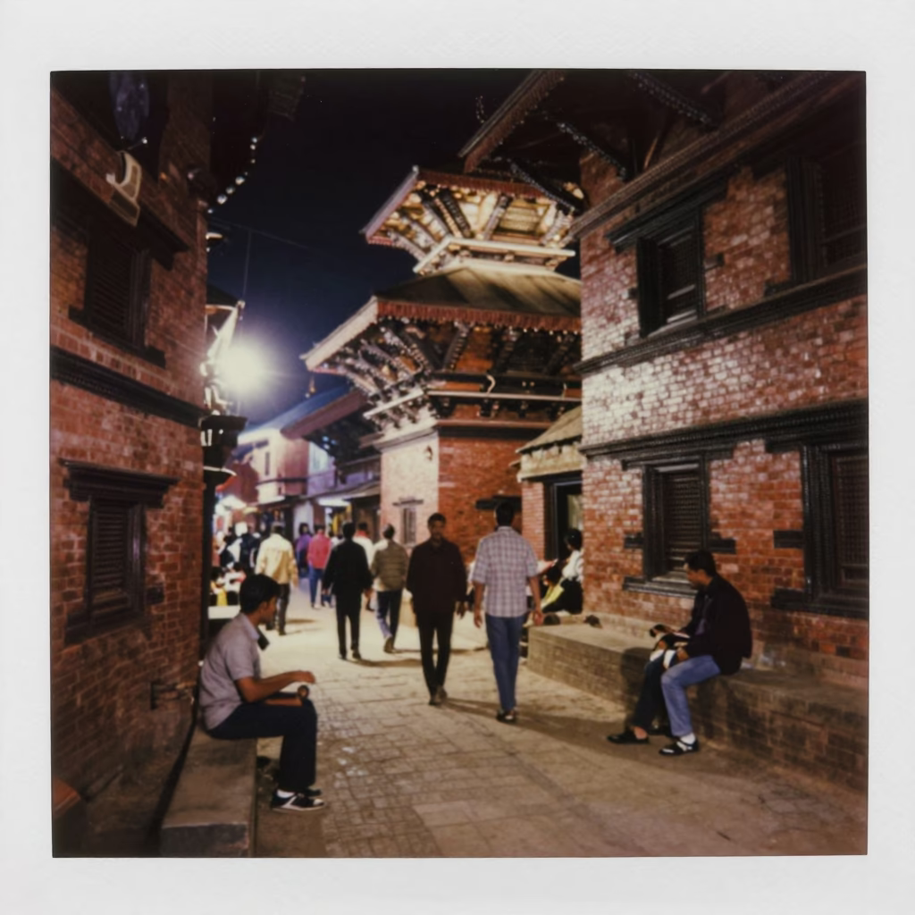 Late Night Street Scene in Kathmandu Nepal with Traditional Brick Architecture and Night Activity in in Kathmandu, Nepal
