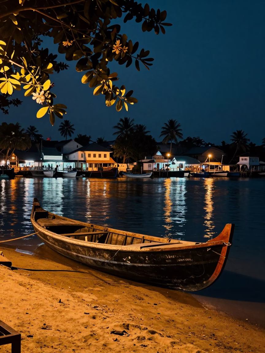 Late Night Street Scene in Kochi India with Catamaran and Gardenia Bush in in Kochi, India