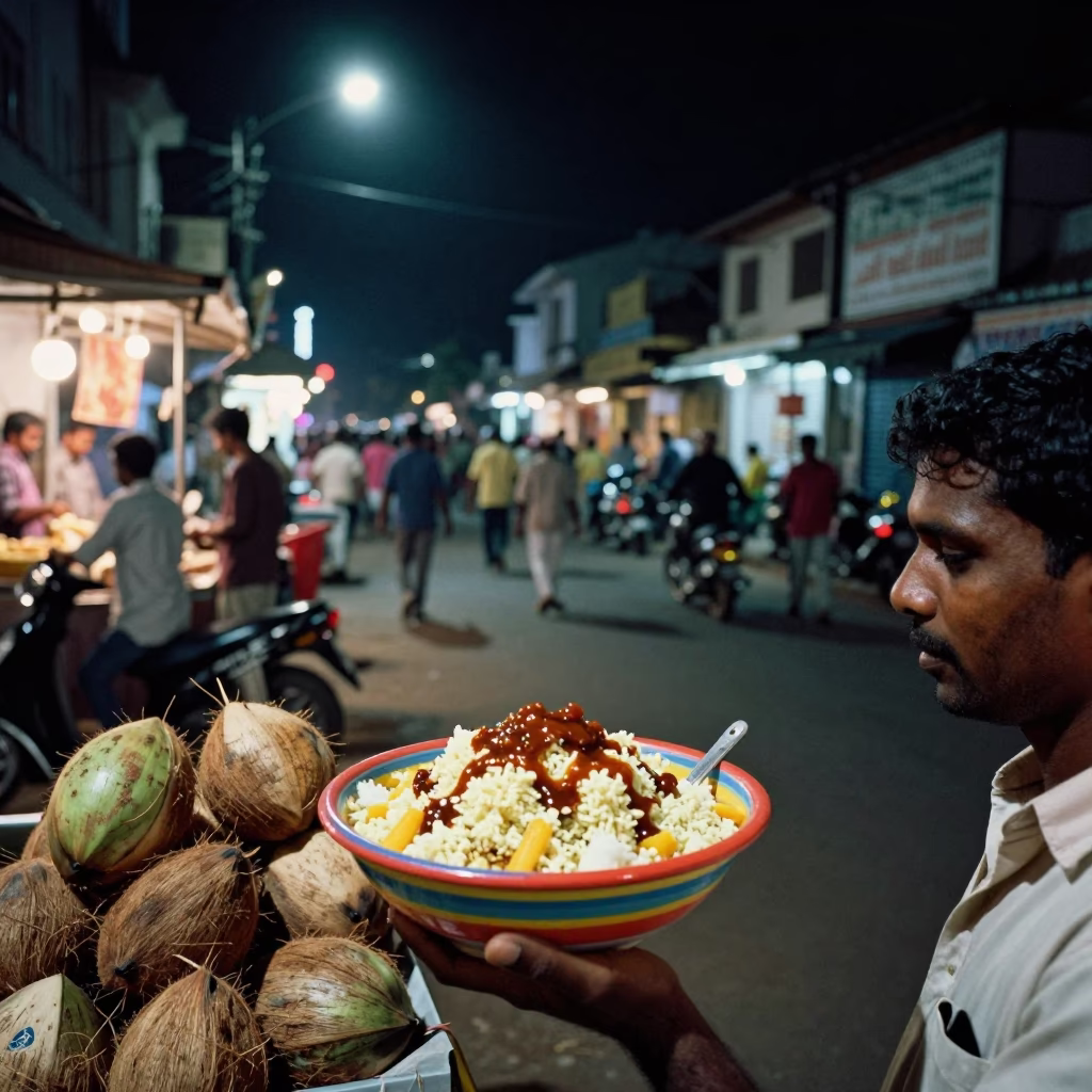 Late Night Street Scene in Kochi India with Coconuts and Chaat Bowl in in Kochi, India