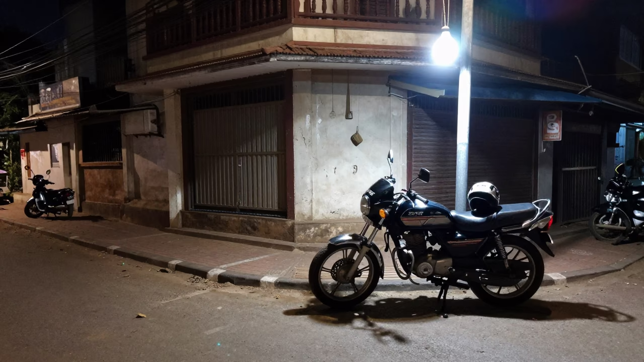 Late Night Street Scene in Kochi India with Motorcycle and Tamarind Tree in in Kochi, India