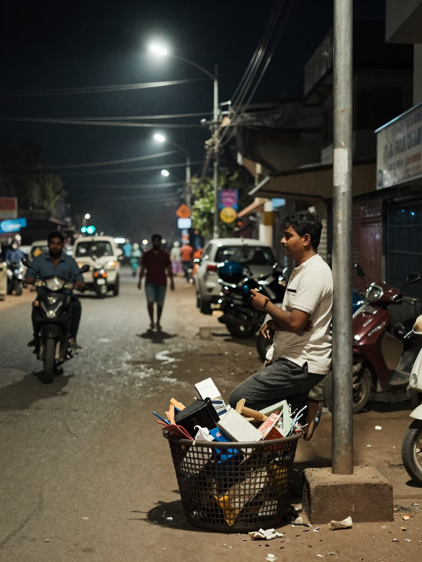 Late Night Street Scene in Kochi India with Scrap Basket and Wicker Shadows in in Kochi, India