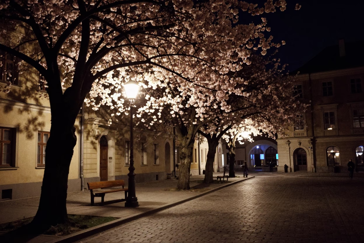 Late Night Street Scene in Krakow Poland with Cherry Blossoms and Urban Lights in in Krakow, Poland