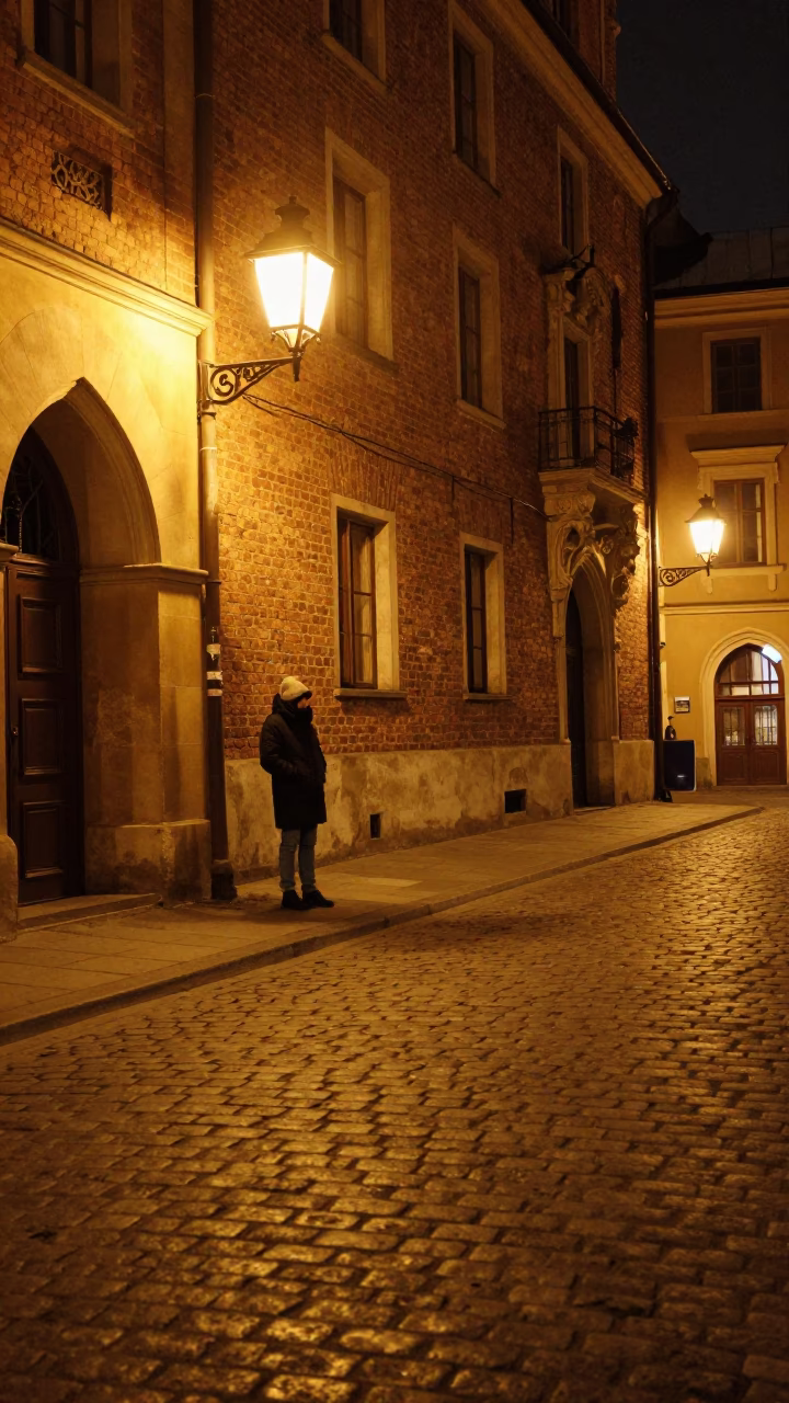 Late Night Street Scene in Krakow Poland with Coat Brush and Urban Details in in Krakow, Poland