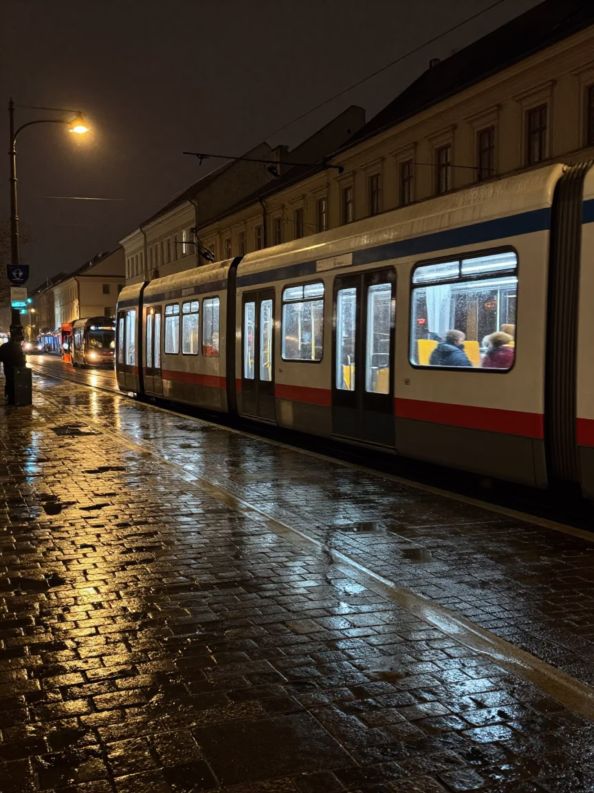 Late Night Street Scene in Krakow Poland with Condensation and Scratches on Window Glass in in Krakow, Poland