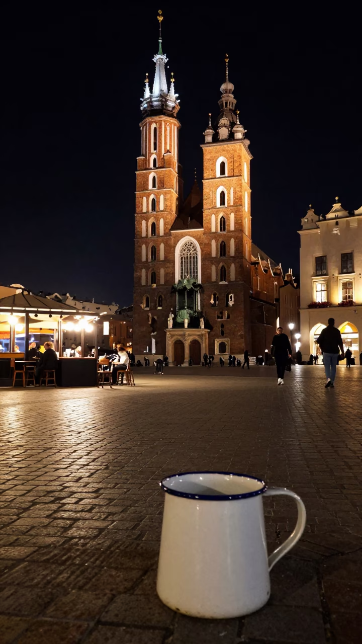 Late Night Street Scene in Krakow Poland with Enamel Pitcher and Window Light Reflections in in Krakow, Poland