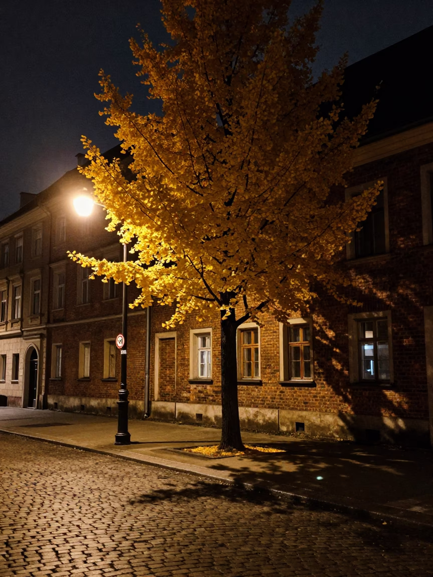 Late Night Street Scene in Krakow Poland with Ginkgo Tree and Cobblestone Alley in in Krakow, Poland