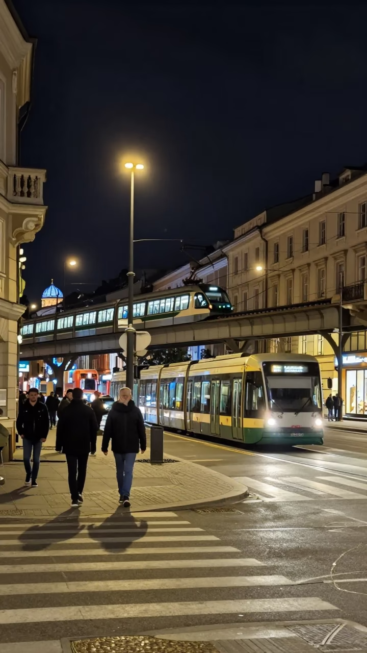 Late Night Street Scene in Krakow Poland with Monorail and Urban Activity in in Krakow, Poland