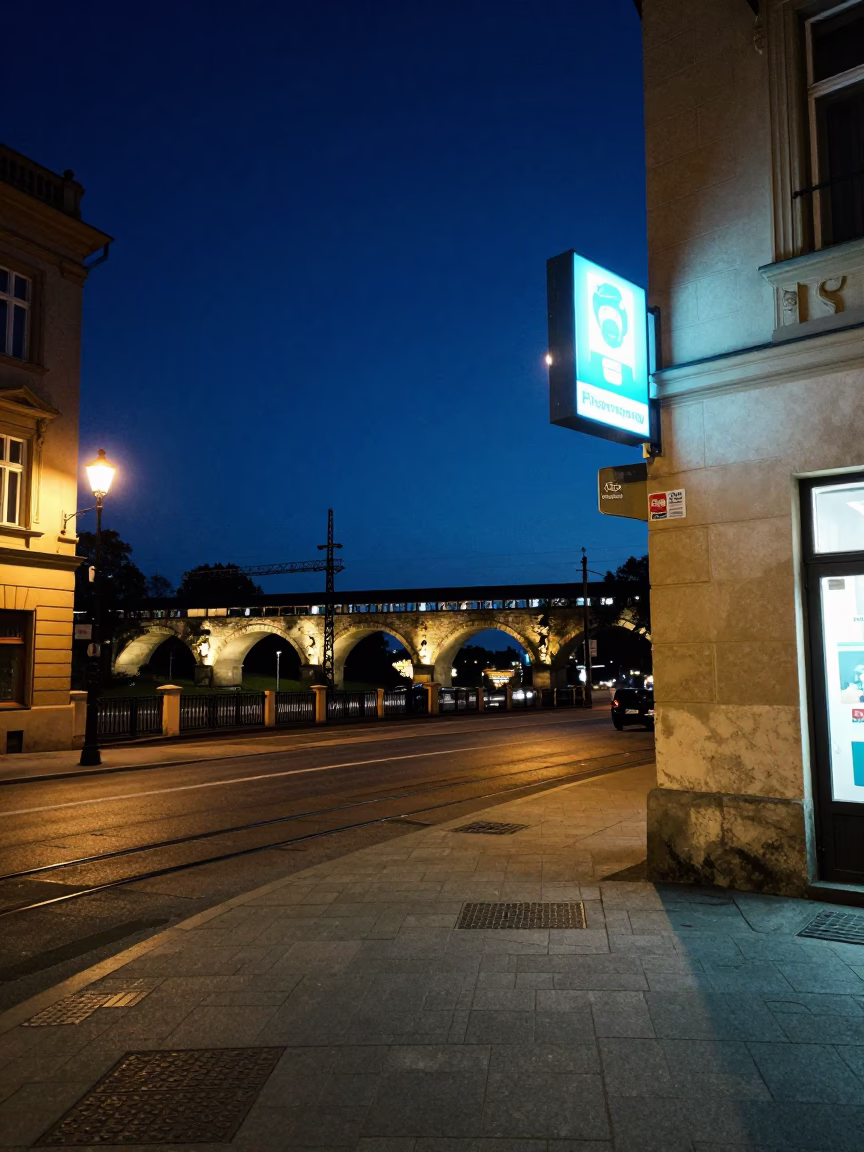 Late Night Street Scene in Krakow Poland with Railway Viaduct and Urban Details in in Krakow, Poland