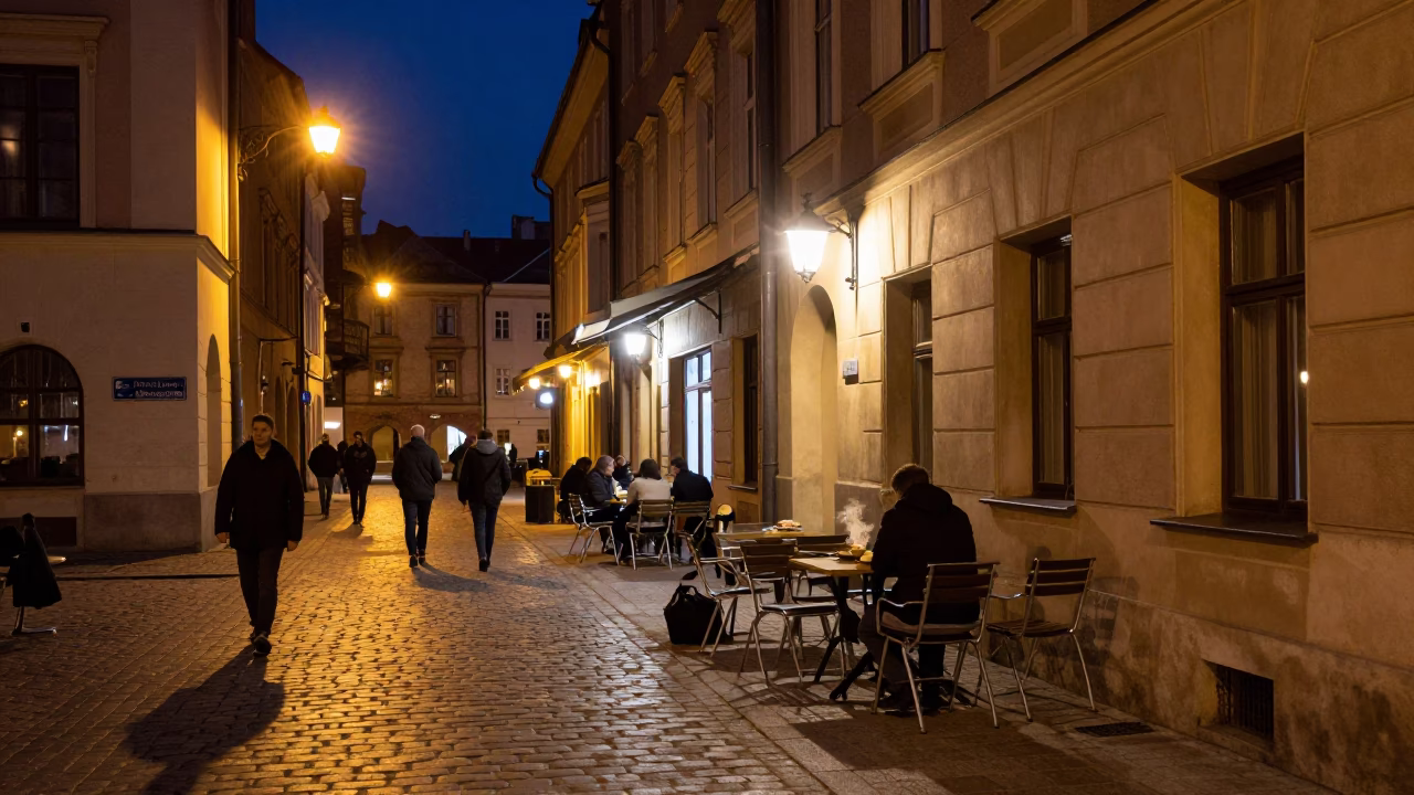 Late Night Street Scene in Krakow Poland with Steaming Bowl of Pho in in Krakow, Poland