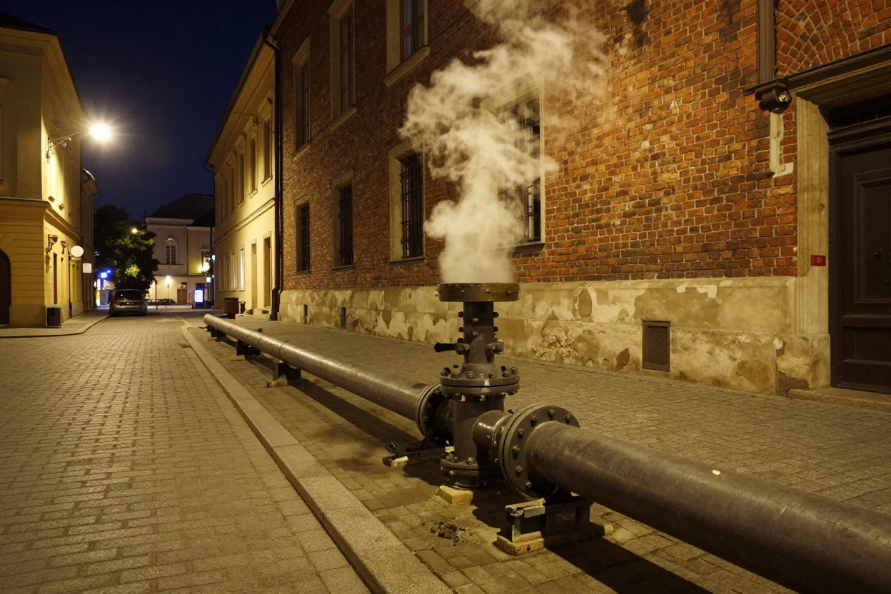Late Night Street Scene in Krakow Poland with Steaming District Heating Pipe and Frost in in Krakow, Poland