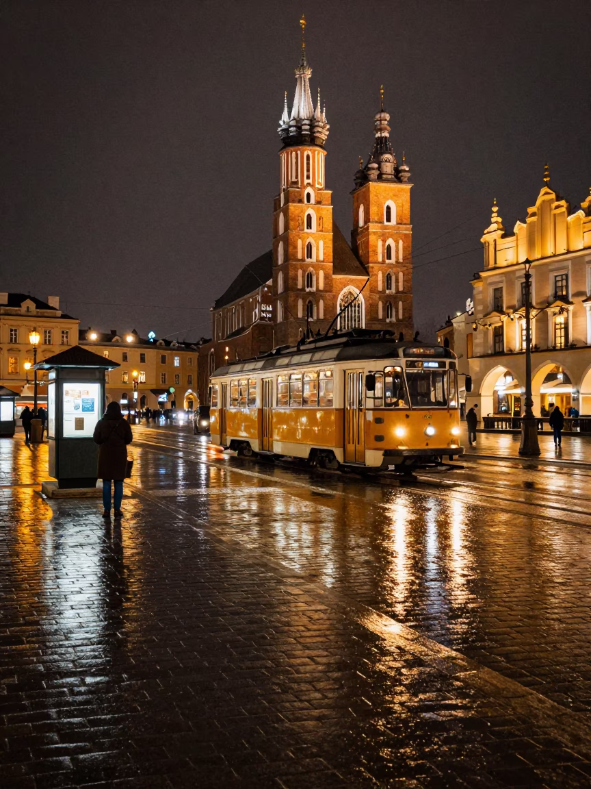Late Night Street Scene in Krakow Poland with Vintage Tram and Rain in in Krakow, Poland