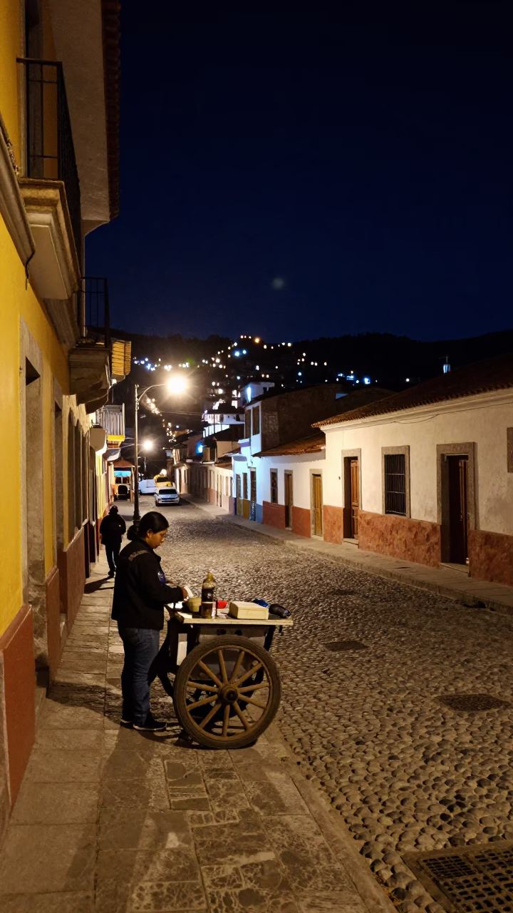 Late Night Street Scene in La Paz Bolivia with Caster Wheel and Porcelain in in La Paz, Bolivia