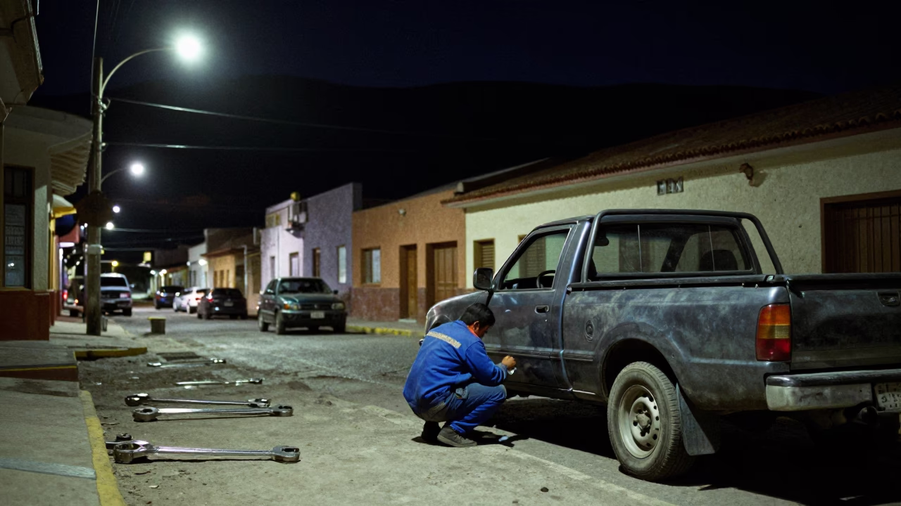 Late Night Street Scene in La Paz Bolivia with Wrench and Urban Elements in in La Paz, Bolivia