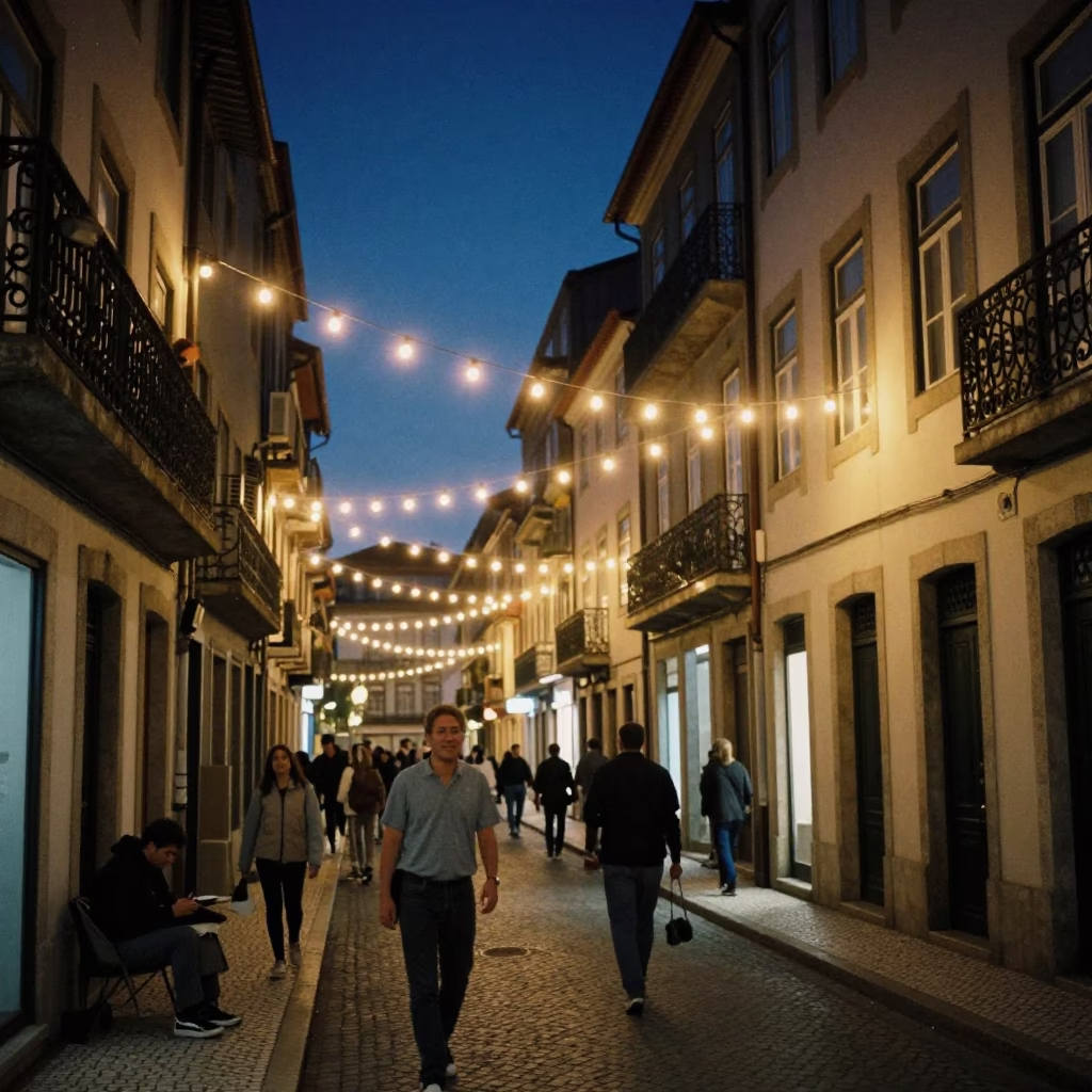 Late Night Street Scene in Lisbon Portugal with String Lights and Nightlife in in Lisbon, Portugal
