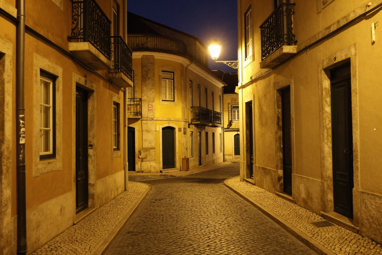 Late Night Street Scene in Lisbon Portugal with Vintage Elements in in Lisbon, Portugal